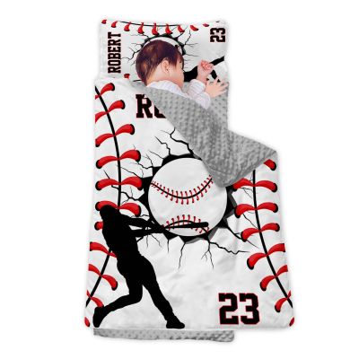 Personalized Girls Nap Mat - Custom Name Toddler Sleeping Bag with Pillow and Blanket for Daycare Preschool, Kids Sleeping Mat for Travel Camping, Easy Carry Roll Up Nap Sack Baseball White