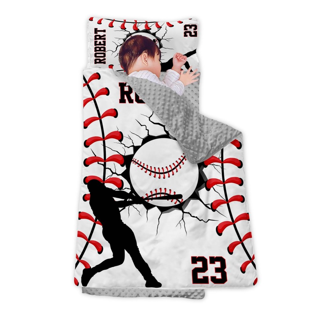 Personalized Girls Nap Mat - Custom Name Toddler Sleeping Bag with Pillow and Blanket for Daycare Preschool, Kids Sleeping Mat for Travel Camping, Easy Carry Roll Up Nap Sack Baseball White