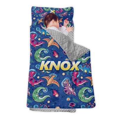 Personalized Girls Nap Mat - Custom Name Toddler Sleeping Bag with Pillow and Blanket for Daycare Preschool, Kids Sleeping Mat for Travel Camping, Easy Carry Roll Up Nap Sack Dinosaur Blue