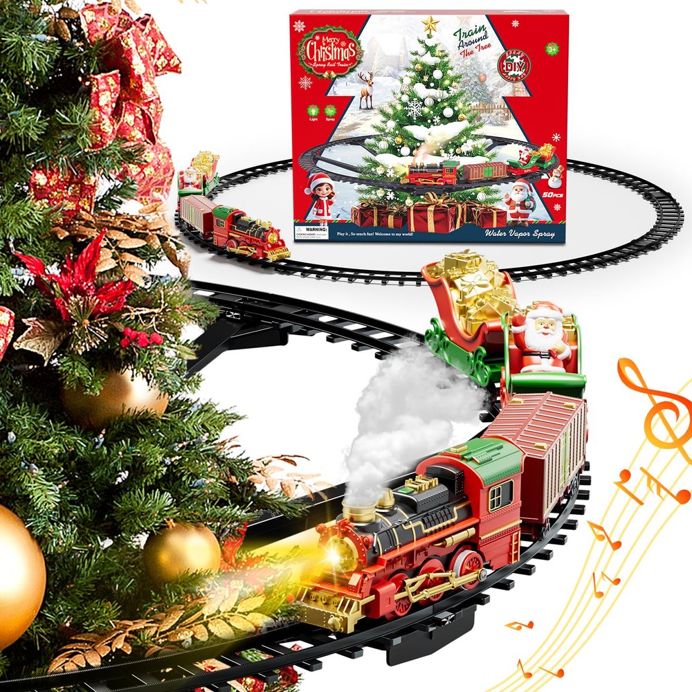 Hanging Christmas Train Toys with Smoke, Light and Sound, Electric Train Set for Kids Ages 4-8, DIY Train Tracks Building Kit, Classic Model Trains Gifts for Toddler 3 4 5 6 7 8 Years Old