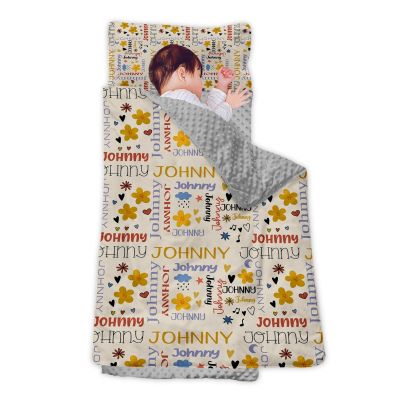 Personalized Girls Nap Mat - Custom Name Toddler Sleeping Bag with Pillow and Blanket for Daycare Preschool, Kids Sleeping Mat for Travel Camping, Easy Carry Roll Up Nap Sack Flower Yellow