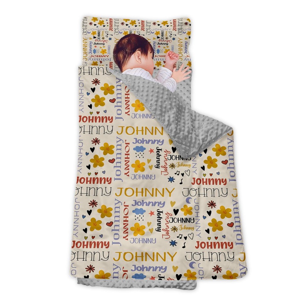 Personalized Girls Nap Mat - Custom Name Toddler Sleeping Bag with Pillow and Blanket for Daycare Preschool, Kids Sleeping Mat for Travel Camping, Easy Carry Roll Up Nap Sack Flower Yellow