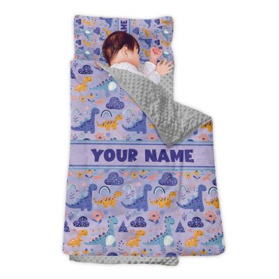 Personalized Girls Nap Mat - Custom Name Toddler Sleeping Bag with Pillow and Blanket for Daycare Preschool, Kids Sleeping Mat for Travel Camping, Easy Carry Roll Up Nap Sack Dinosaur Purple