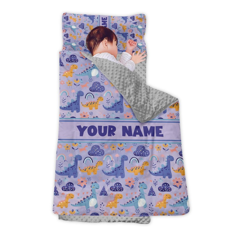 Personalized Girls Nap Mat - Custom Name Toddler Sleeping Bag with Pillow and Blanket for Daycare Preschool, Kids Sleeping Mat for Travel Camping, Easy Carry Roll Up Nap Sack Dinosaur Purple