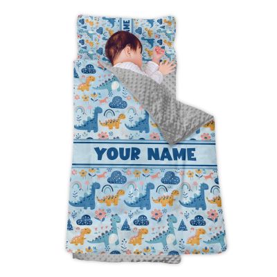 Personalized Girls Nap Mat - Custom Name Toddler Sleeping Bag with Pillow and Blanket for Daycare Preschool, Kids Sleeping Mat for Travel Camping, Easy Carry Roll Up Nap Sack Dinosaur Light Blue