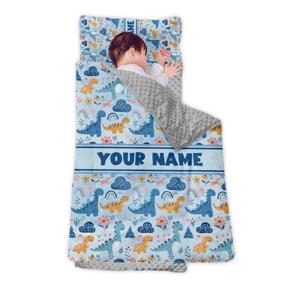Personalized Girls Nap Mat - Custom Name Toddler Sleeping Bag with Pillow and Blanket for Daycare Preschool, Kids Sleeping Mat for Travel Camping, Easy Carry Roll Up Nap Sack Dinosaur Light Blue