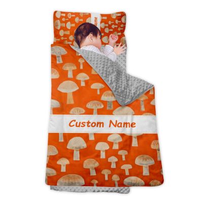 Personalized Girls Nap Mat - Custom Name Toddler Sleeping Bag with Pillow and Blanket for Daycare Preschool, Kids Sleeping Mat for Travel Camping, Easy Carry Roll Up Nap Sack Mushroom Orange