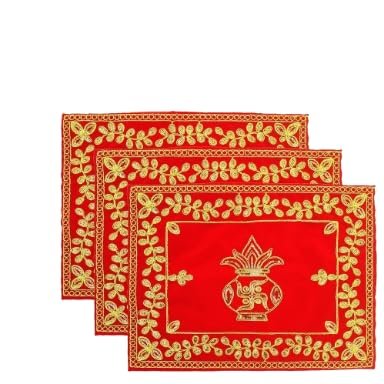 10 x 14 Inches - Kalash Jari Design Red Velvet Pooja Aasan , Pack of 3