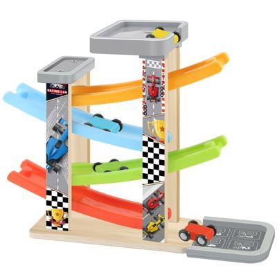 Wooden Car Ramp Toy Set, Montessori Ramp Set Includes 4 Mini Cars and Track Educational Gift for Boys and Girls 3+ Years Old