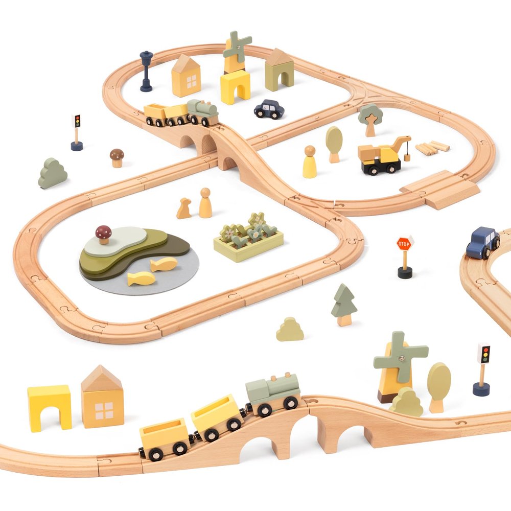 OOOK Multi-Scenario Wooden Train Set,All Wood Accessories Train Set for Toddlers 3 Years Old, Multi-Scenario Train Toy for 3 4 5 Years Old Girls & Boys
