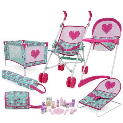 509 Crew: Mint Heart - Bouncer Doll Play Set - Pink & Green, Furniture & Care Set, Umbrella Stroller-Highchair-Play Pen-Purse-Toy Accessories, Kids 3+