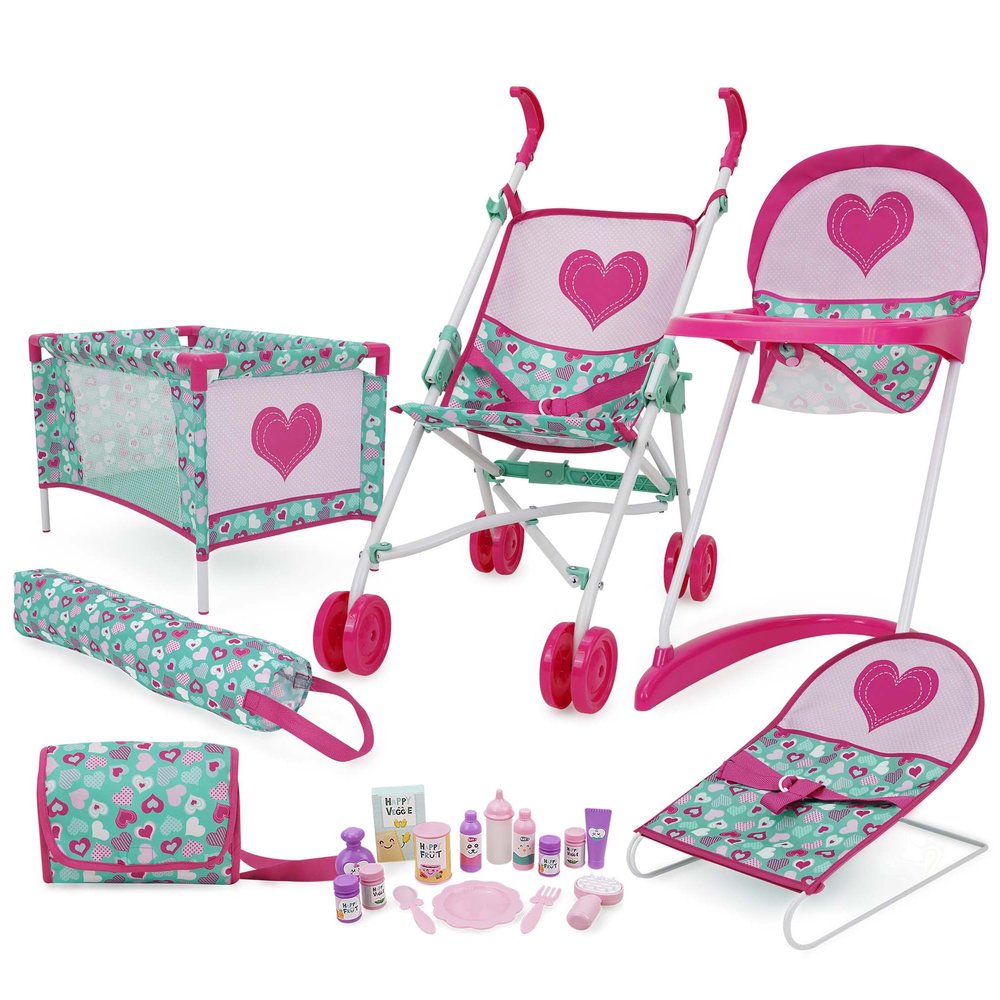 509 Crew: Mint Heart - Bouncer Doll Play Set - Pink & Green, Furniture & Care Set, Umbrella Stroller-Highchair-Play Pen-Purse-Toy Accessories, Kids 3+