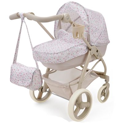 509 Crew: Little Flora - Bella 2-in-1 Doll Pram - Flower-Tan-Pink, Convertible Toy Stroller, Removable Bassinet, Adjustable Handle, Folding, Kid 3+