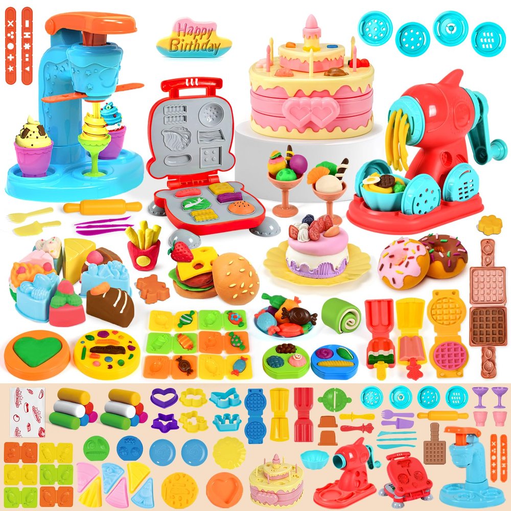 Aprilwolf 70 PCS 4 in 1 Dough Sets for Kids Ages 3-4-8, Art Crafts Dough Tools Kit, Ice Cream Playset Noodle Hamburger Cake Maker Machine, Kitchen Creations Food Play Toys Toddlers Boy Girl