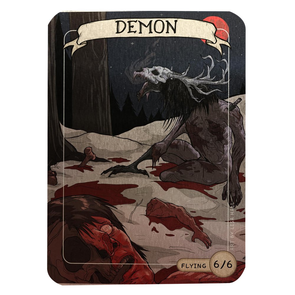Demon Metal MTG Token Card Custom Hand-Drawn Magic Card Proxy on Brushed Aluminum Savage Fantasy Creature Collectible Gift for MTG Players & Demon Fans