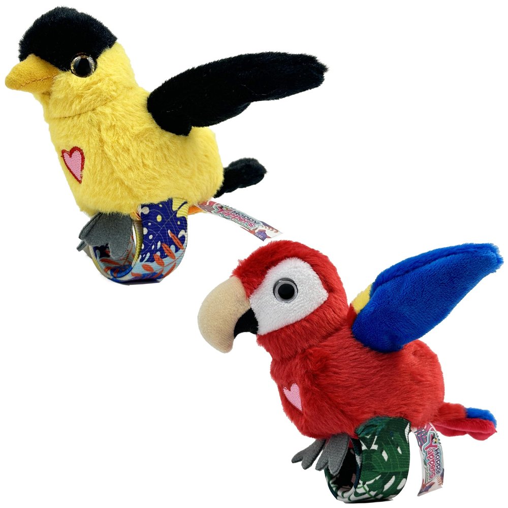 Happy Yappers: Birds 2 Pack - Oriole & Red Parrot - Slap Bracelet Interactive Plush Toy Birds, They Chat-Sing-Mimic Each Other, Flap Wings, Kids 3+