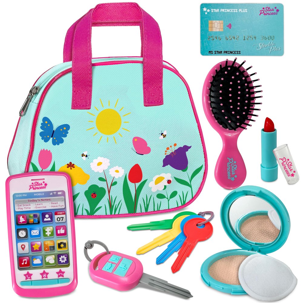 Play Purse for Toddlers with Accessories, Toddler Girl Toys 1 2 3 Years Old with Pretend Makeup, Keys, Smartphone, Toddler Toy Purse for Little Girls - Birthday Gift for Toddlers Girls Ages 2-3 - Blue