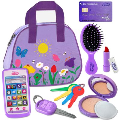 Play Purse for Toddlers with Accessories, Toddler Girl Toys 1 2 3 Years Old with Pretend Makeup, Keys, Smartphone, Toddler Toy Purse for Little Girls - Birthday Gift for Toddlers Girls Ages 2-3 Purple