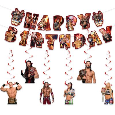 13 Packs Party Supplies, 12pcs Hanging Swirls and 1 Happy Birthday Banner for Wrestling Party Decoration