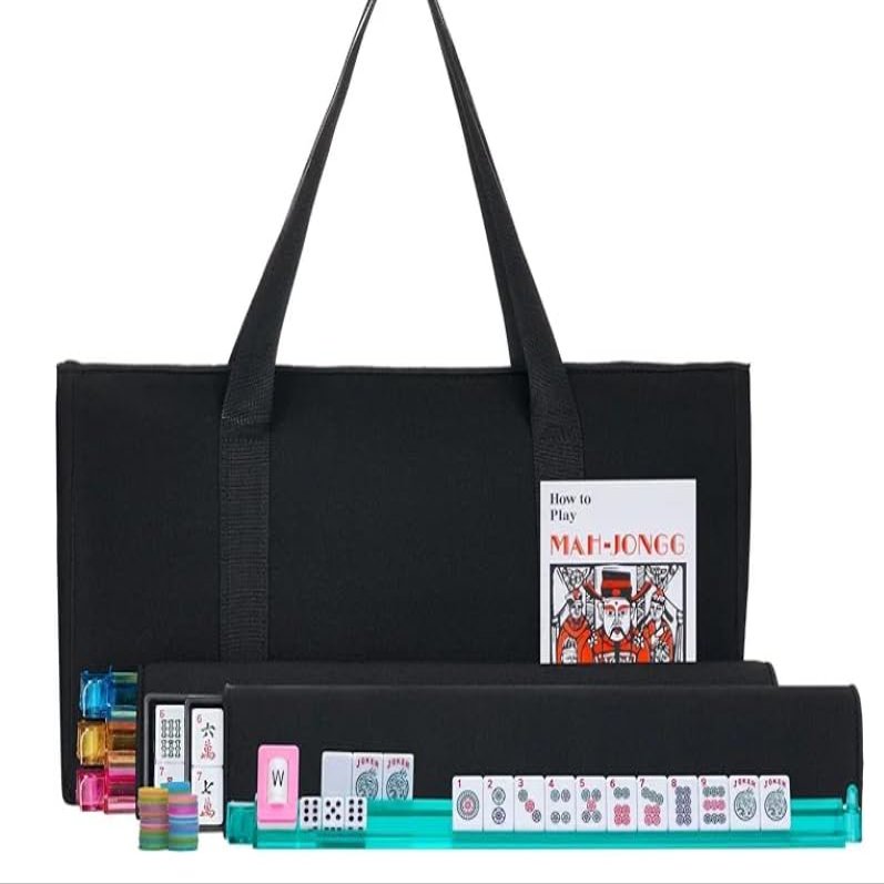 Charleston Club American Mahjong Set - Black Soft Bag - 166 White Engraved Tiles, 4 All-in-One Rack/Pushers Western Mah Jongg Game Set