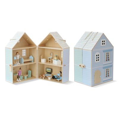Olivia's Little World Folding Wooden Dollhouse  3-Story Portable Playhouse with Furniture, Family Figures & Pet, Built-in Carry Handle, Compact Fold-Up Design Toy for Ages 3+