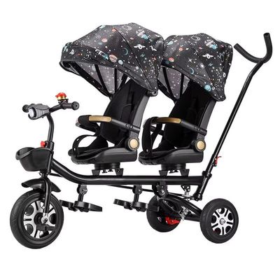 ZOCWJK Tandem Tricycle,Swivel Seats with Tilted backrest,Parent Push Stroller Trike,3 Wheels Bicycle with Canopy,Ride-on Bike (Black-a-Titanium Wheel