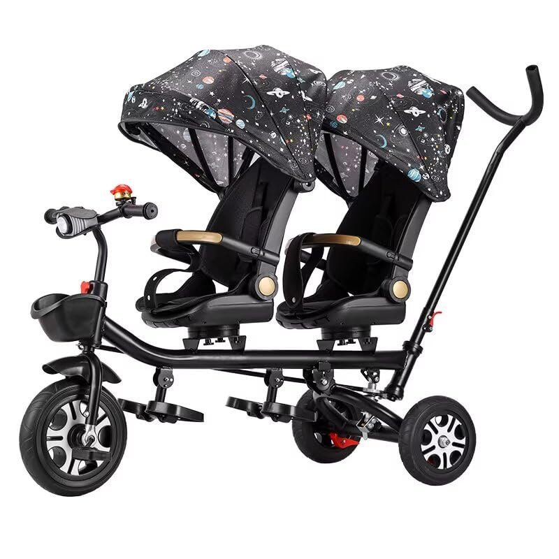 ZOCWJK Tandem Tricycle,Swivel Seats with Tilted backrest,Parent Push Stroller Trike,3 Wheels Bicycle with Canopy,Ride-on Bike (Black-a-Titanium Wheel
