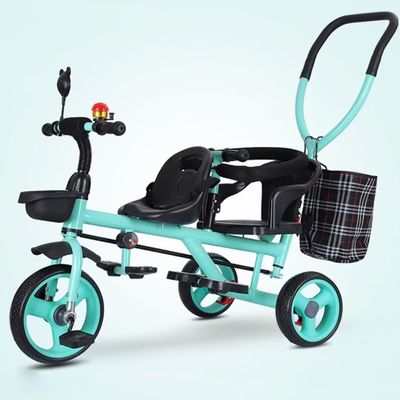 ZOCWJK Tandem Tricycle,Front seat with Belt,Back seat with Sponge guardrail and armrest,Parent Push Stroller Trike,Ride-on Bike with Pedals,3 Wheels Bicycle (Green-Aviation Wheel