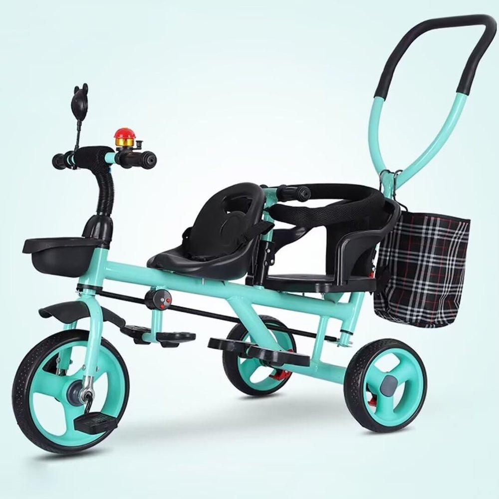 ZOCWJK Tandem Tricycle,Front seat with Belt,Back seat with Sponge guardrail and armrest,Parent Push Stroller Trike,Ride-on Bike with Pedals,3 Wheels Bicycle (Green-Aviation Wheel