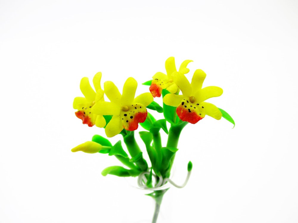 1:12 Miniature Cattleya Orchid 2 Bunch Clay Flower Fairy Garden Dollhouse 17197, Yellow