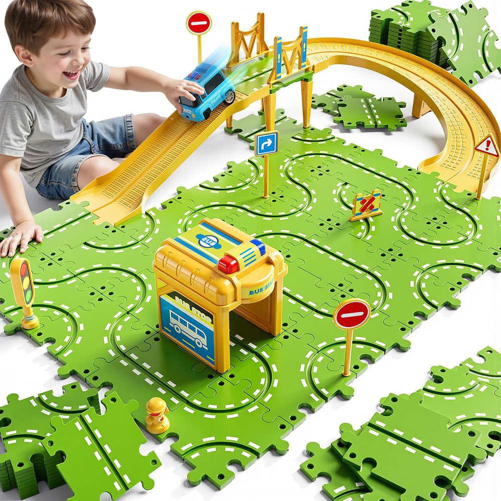 XINNOVEL 2-Tier Large Puzzle Race Car Track Set for Kids 3-5, Puzzle Tracks Car Play Set, Race Tracks Toys for Toddler Boys 3 4 5 6 Year Old, Birthday Gifts for Kids 3 4 5 6 7 8 Year Old Boys Girls