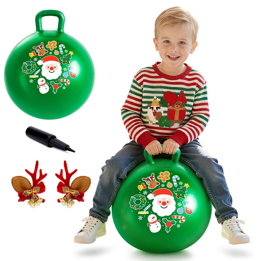 ZOOJOY Hopper Ball for Kids 3-8, 18 in Green Hippity Hop Balls, Bouncy Ball with Handle for Boys & Girls Indoor Outdoor Play, Inflatable Christmas Balls Bounce Hopping Toys with Pump