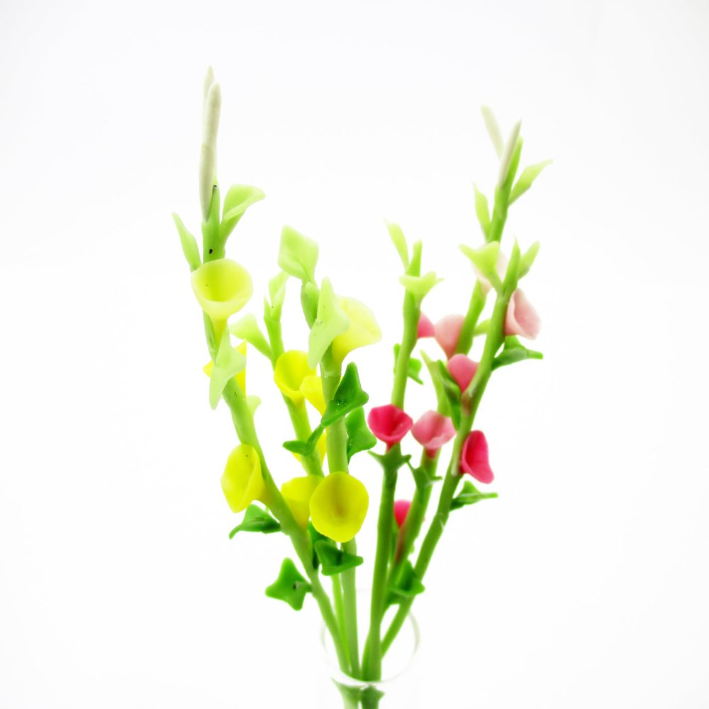 1:12 Miniature Morning Glory 2 Bunch Clay Flower Fairy Garden Dollhouse 17092, Yellow/Pink