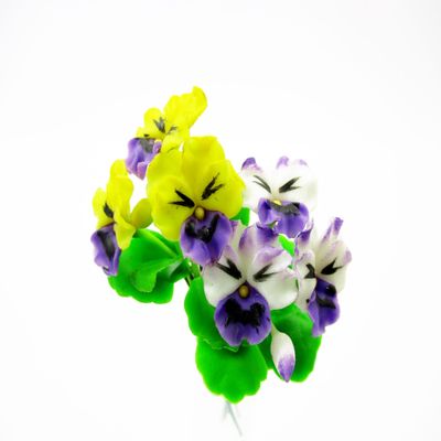 1:12 Miniature Mixed Pansy 2 Bunch Clay Flower Fairy Garden Dollhouse 17128, Yellow-Purple/White-Purple