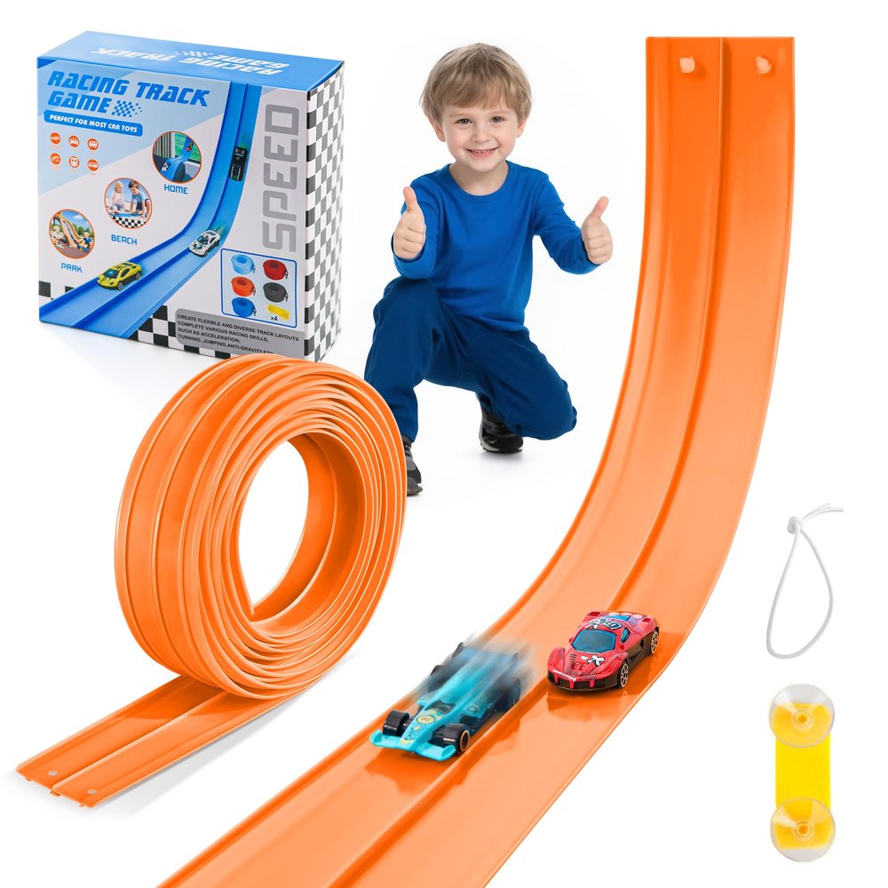 Nigwet Flexible Race Track for Kids - 15 Ft Flex Track Race Car Tracks with Car Ramp Toy, Fit for Monster Truck Track & Kids' Play Cars, Race Tracks for Toddlers 3+, Gifts for Boys Girls (Orange)