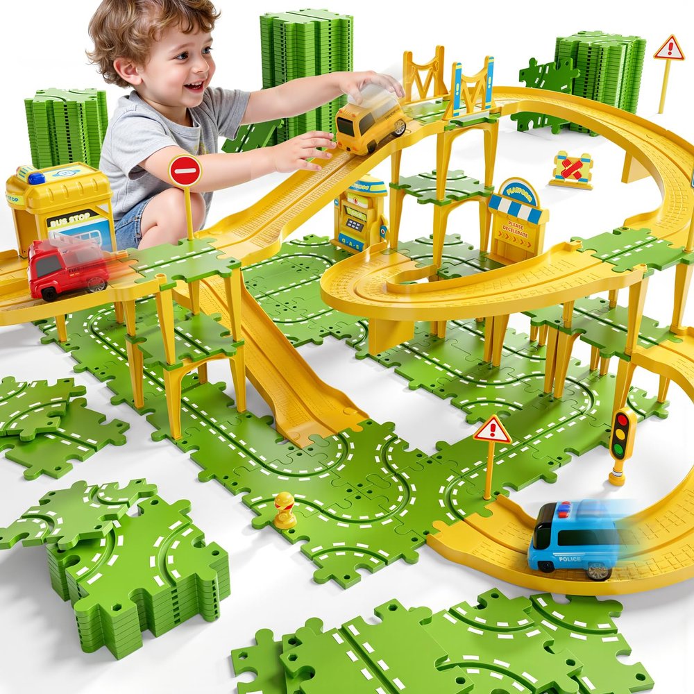 XINNOVEL 4-Tier Large Puzzle Race Car Track Set for Kids 3-5, Puzzle Tracks Car Play Set, Race Tracks Toys for Toddler Boys 3 4 5 6 Year Old, Birthday Gifts for Kids 3 4 5 6 7 8 Year Old Boys Girls
