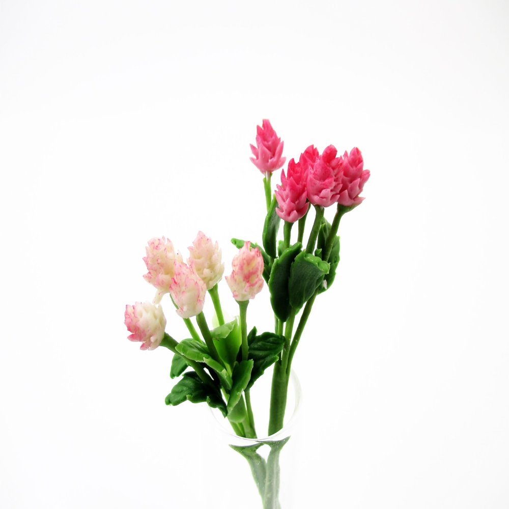 1:12 Miniature Globe Amaranth 2 Bunch Clay Flower Fairy Garden Dollhouse 17148, White-Pink/Pink