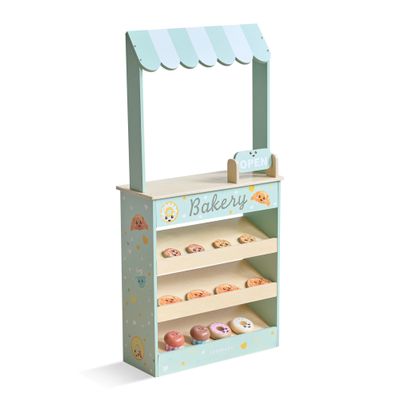 Teamson Kids Jolly Pals Wooden Bakery Market Stand Pretend Playset for Kids Ages 3+, Pastry Play Food Rotating Open/Close Sign, Hidden Storage Educational Role-Play, Pretend Play Wooden Market Stall