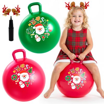 EVERICH TOY 2-Pack Hopper Ball for Kids 18In Sit On Bouncy Ball with Handle with Christmas Reindeer Ears, The Top Green & Red Christmas Boys Girls Gifts for 4 5 6 7 8 Yr Old Indoor Outdoor Active Play