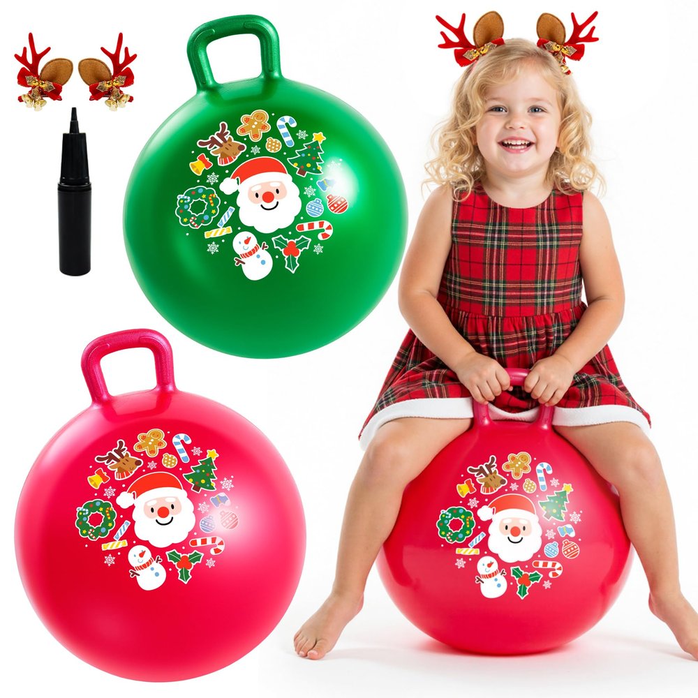 EVERICH TOY 2-Pack Hopper Ball for Kids 18In Sit On Bouncy Ball with Handle with Christmas Reindeer Ears, The Top Green & Red Christmas Boys Girls Gifts for 4 5 6 7 8 Yr Old Indoor Outdoor Active Play