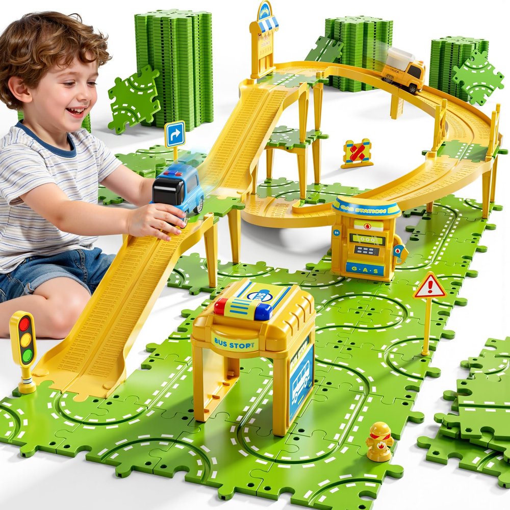 XINNOVEL 3-Tier Large Puzzle Race Car Track Set for Kids 3-5, Puzzle Tracks Car Play Set, Race Tracks Toys for Toddler Boys 3 4 5 6 Year Old, Birthday Gifts for Kids 3 4 5 6 7 8 Year Old Boys Girls