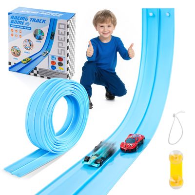 Nigwet Flexible Race Track for Kids - 15 Ft Flex Track Race Car Tracks with Car Ramp Toy, Fit for Monster Truck Track & Kids' Play Cars, Race Tracks for Toddlers 3+, Gifts for Boys Girls (Light Blue)
