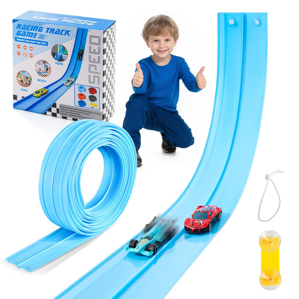 Nigwet Flexible Race Track for Kids - 15 Ft Flex Track Race Car Tracks with Car Ramp Toy, Fit for Monster Truck Track & Kids' Play Cars, Race Tracks for Toddlers 3+, Gifts for Boys Girls (Light Blue)