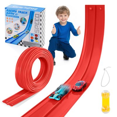 Nigwet Flexible Race Track for Kids - 15 Ft Flex Track Race Car Tracks with Car Ramp Toy, Fit for Monster Truck Track & Kids' Play Cars, Race Tracks for Toddlers 1-3, Portable Racetrack (Red)