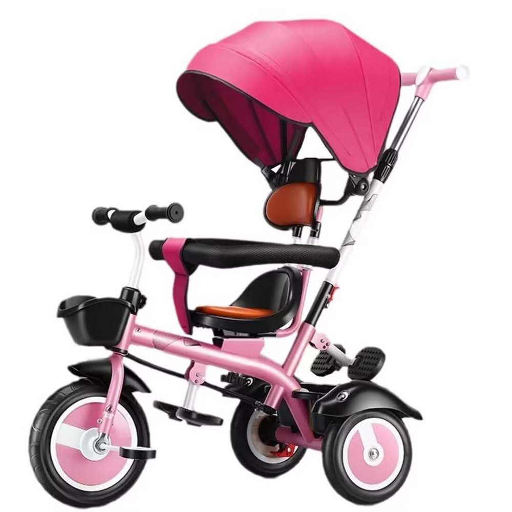 ZOCWJK Tricycle with Swivel seat,seat with Belt and guardrail,Parent Push Trike,3 Wheels Trike with Canopy,Double Brakes on Rear Wheels,Titanium Wheel (Pink-with Canopy