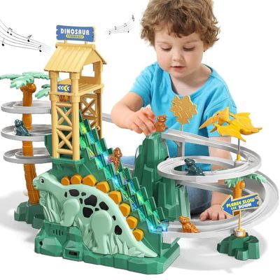 Dinosaur Climbing Slide Stair Toy for Toddlers Aged 3 4 5 6 7 8 - Racing Track Game Set, Sliding Car Toy, Dinosaur Themed with Light and Music, Birthday Dinosaur Gifts for Boys Girls Kids