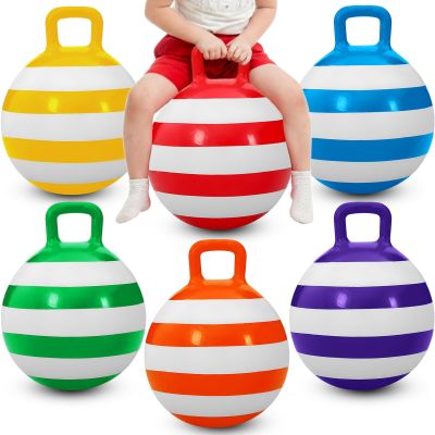 Jerify 6 Pcs 18 Inch Hopper Balls Hopping Jumping Outdoor Bouncy Ball with Handles Carnival Outdoor Games Inflatable Striped Bouncing Ball Ride on Toys for Indoor Sports Exercise