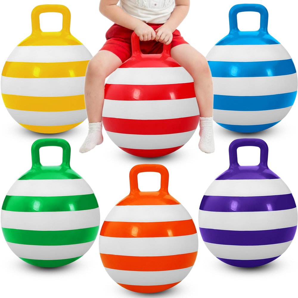Jerify 6 Pcs 18 Inch Hopper Balls Hopping Jumping Outdoor Bouncy Ball with Handles Carnival Outdoor Games Inflatable Striped Bouncing Ball Ride on Toys for Indoor Sports Exercise