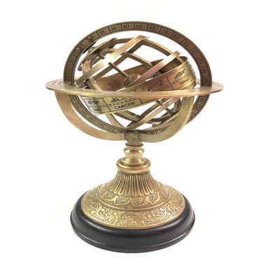 Brass Armillary Sphere Globe with Zodiac Signs Vintage Style Astronomical Decor on Wooden Base