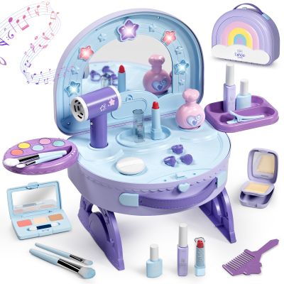Lehoo Castle Toddler Vanity with Makeup Set, Portable Makeup Vanity for Girls with Lights Music Electric Hairdryer, Pretend Play Princess Toys for Dress Up, Birthday Gifts for 3 4 5 Years Old Girls